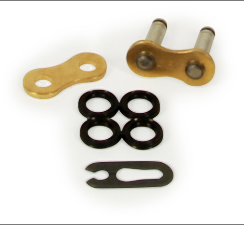 Assorted bicycle chain repair parts: two metal link plates, four black O-rings, and a small retaining tab on a white background.