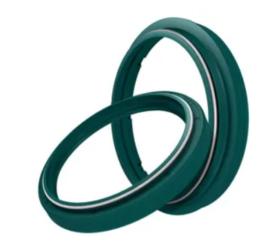 Two teal rubber O-ring style seals interlocked in a 3D render, showcasing circular rings with a glossy finish for machinery use.
