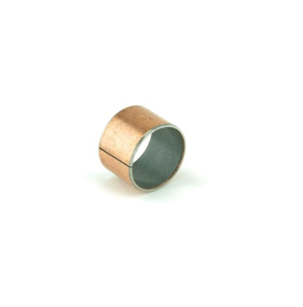 Copper-colored cylindrical bushing with a gray inner surface on a white background.