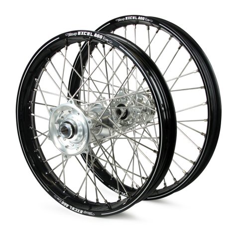 Pair of black spoked bicycle wheels with silver hubs and rims labeled Excel A60 Rim