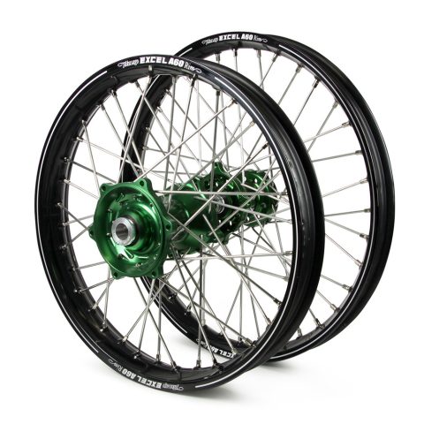 Pair of spoked wheels with green anodized hubs and black rims, angled to show spokes and hubs (Excel A60).