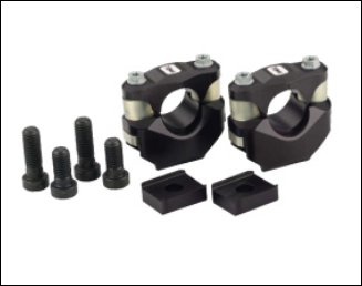 Two black metal pipe clamps with bolts, plus four screws and two rubber spacers.