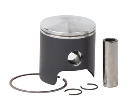 Piston kit with a metal piston, piston rings, and a wrist pin laid out beside it, for internal combustion engines.