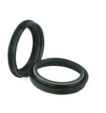 Two black rubber O-ring seals, one standing upright and the other lying flat, on a white background.