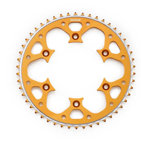 Orange bicycle chainring with cutouts and silver-teethed edge, shown against a white background.