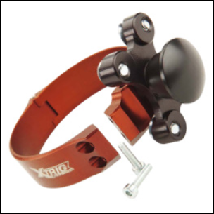 Orange frame-mounted bicycle lock with clamp screws and a black mounting knob on top