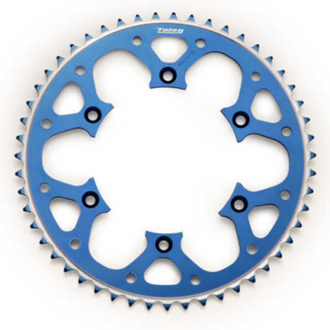 Blue anodized bicycle chainring with five-spoke spider and sharp teeth for a crankset