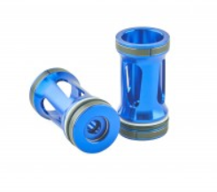 Two blue anodized aluminum bicycle headset spacers with hollow centers.