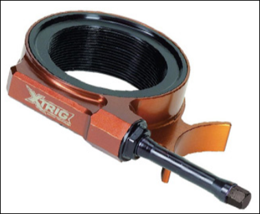 Orange anodized bicycle headset clamp with black threaded insert and a hex-tipped extension.