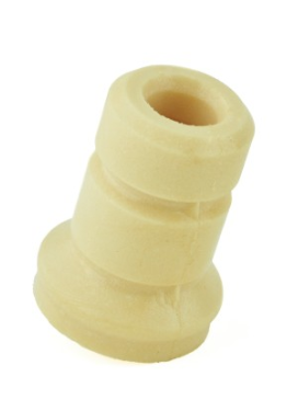 Yellowish plastic spacer with a central bore, cylindrical stepped shape.