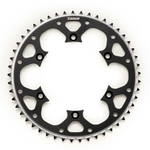 Circular bicycle chainring with jagged teeth around the edge and black cut-out spokes, centered on a white background.