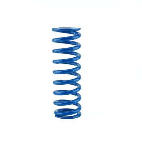 Blue metal coil spring standing vertically against a white background, shown in a full-length view.