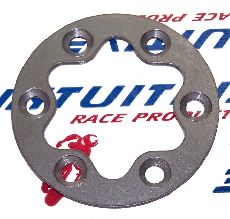 Circular metal mounting flange with five bolt holes around the ring and a star-shaped inner opening.