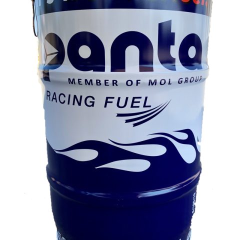 Blue and white racing-fuel drum with flame graphics, labeled 'RACING FUEL' and '60 L' capacity (60 L).