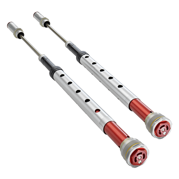 xact pro 1 - Inmotion Suspension Pair of metal shock absorbers with red end caps and extended pistons, likely automotive suspension dampers ready for mounting
