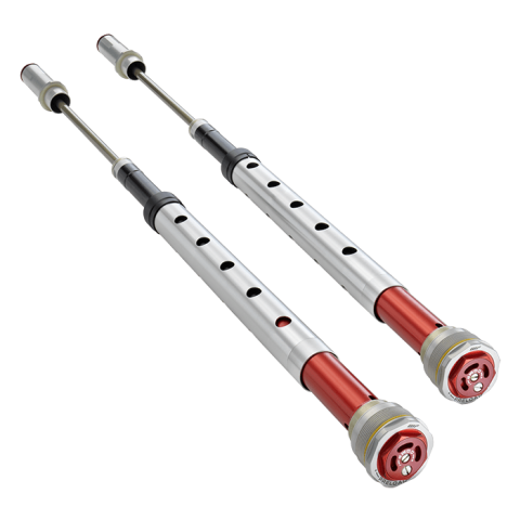 Pair of adjustable aluminum shock absorbers with red end caps and mounting hardware