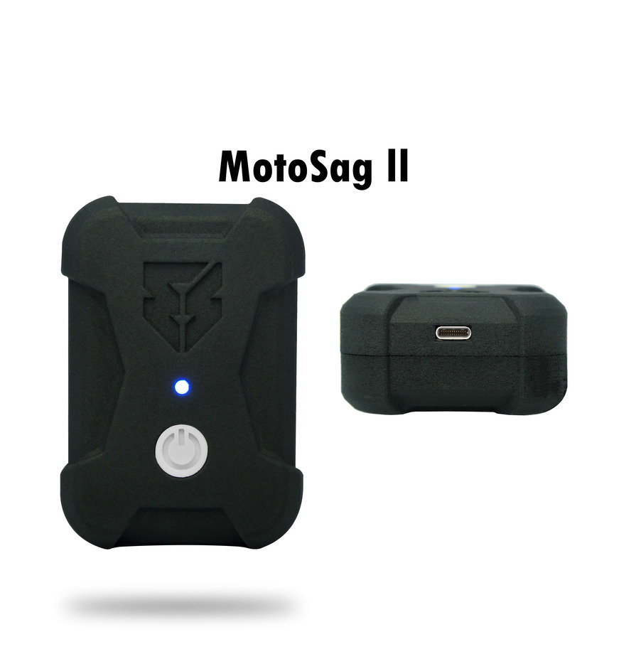White_v2-1 - Inmotion Suspension MotoSag II rugged black device with blue status LED and circular power button visible on the front.