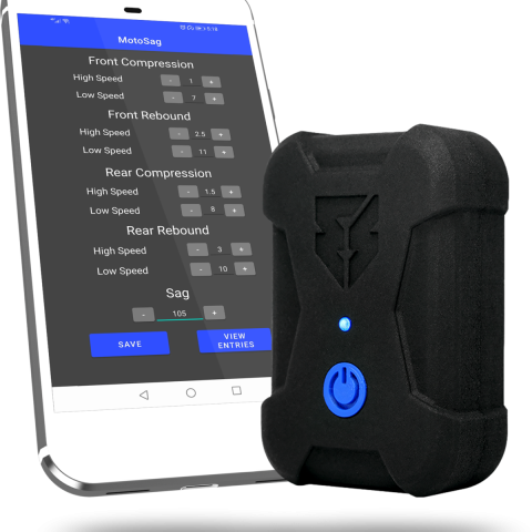 Phone app UI for adjusting front, rear, and sag compression; device with blue power switch beside it