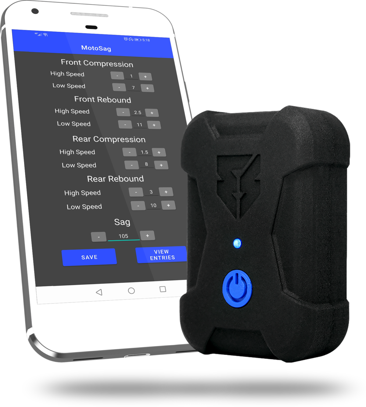 home-app-img-1200x1333 - Inmotion Suspension Phone app UI for adjusting front, rear, and sag compression; device with blue power switch beside it