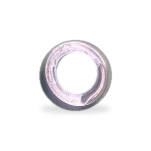 Shiny pale pink ring photographed on a white background; circular jewelry piece with a glossy finish.