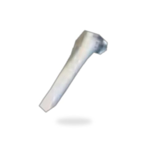 Angled silver bolt or screw with a flat head, floating above a soft shadow on a white background.