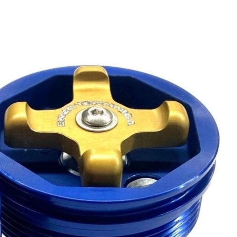 Blue anodized pulley with a gold cross-shaped hub in the center
