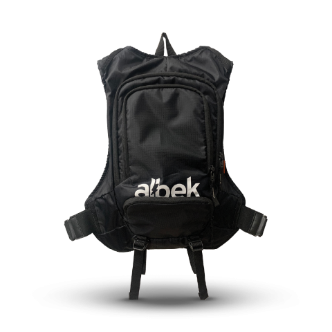 Black backpack with multiple zip compartments and a small front pocket, white logo on the front.