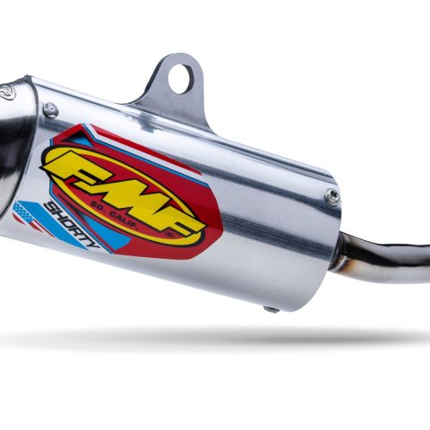 Chrome motorcycle exhaust can with a bold red-yellow logo sticker, mounted hanger, and curved outlet, floating above a white background.