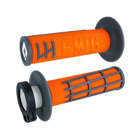 Pair of bright orange bicycle handlebar grips with gray locking end caps and inner hardware