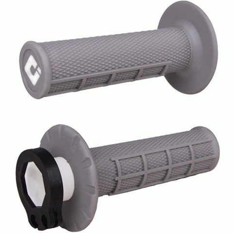 Pair of gray textured motorcycle handlebar grips with end caps and a mounting ring (one grip includes throttle housing).