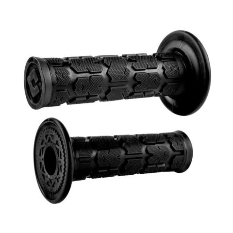 Pair of black textured rubber handlebar grips with end flanges for motorcycles or bicycles.
