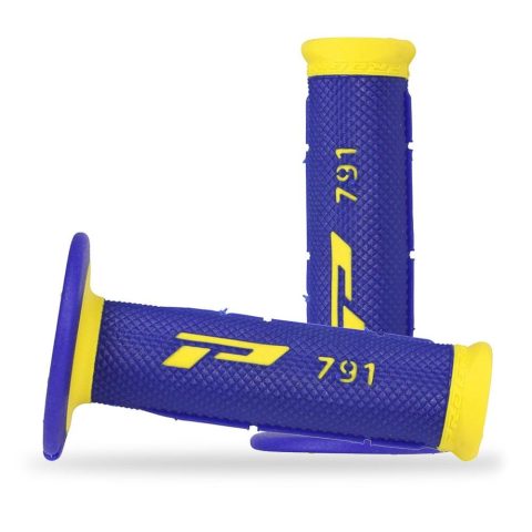 Blue and yellow textured bicycle handlebar grips (pair) with yellow end caps and logo accents on each grip.