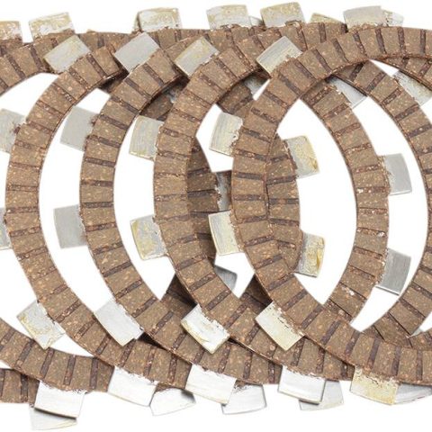 Stack of brown automotive clutch plates with metal tabs along the edges on a white background.