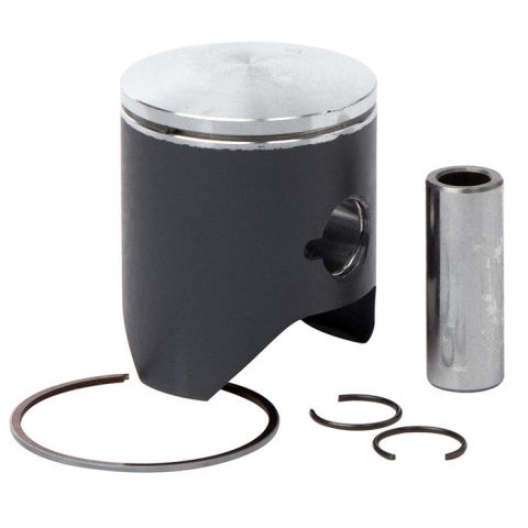Engine piston with piston rings spread around it on a white background