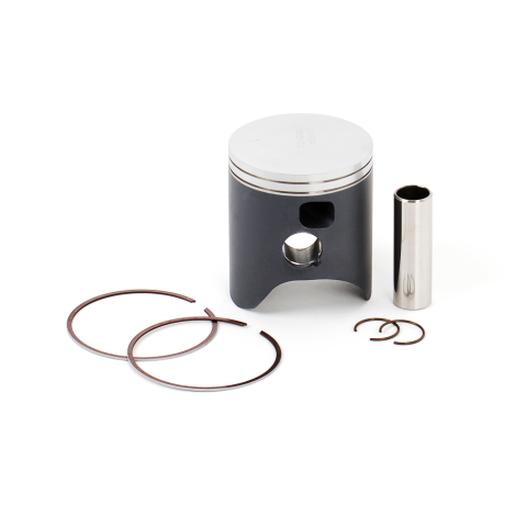 Piston with multiple metal rings laid out on a white background; large chrome piston with dark shaft and several copper-colored rings around and beside it