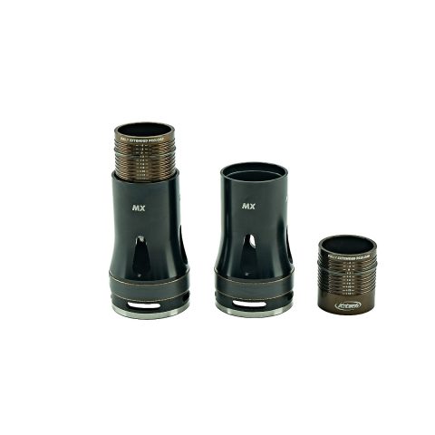 Set of three black metal cylindrical adapters with threaded, stepped tops and measurement rings, labeled MX