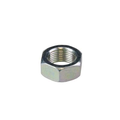 Metal hex nut on a white background, showing internal threading and hexagonal shape.