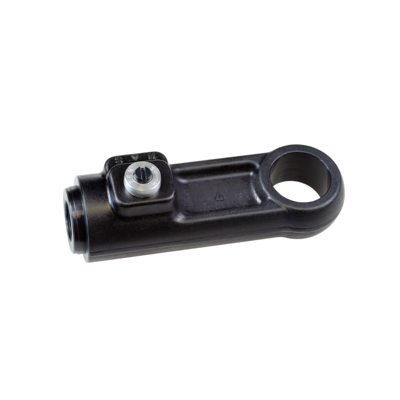 Black metal clamp/lever with a circular hole at one end and a small mounting boss with a screw on the side.