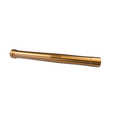Bronze metal cylindrical tube with a threaded end, laid diagonally on a white background.
