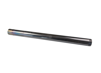 Long dark metal cylinder laid diagonally on a white background, with a slight iridescent band near one end.
